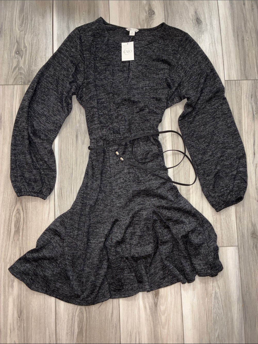 🩵 Cato Charcoal Long Sleeve Knit Dress with Belt sz M NWT